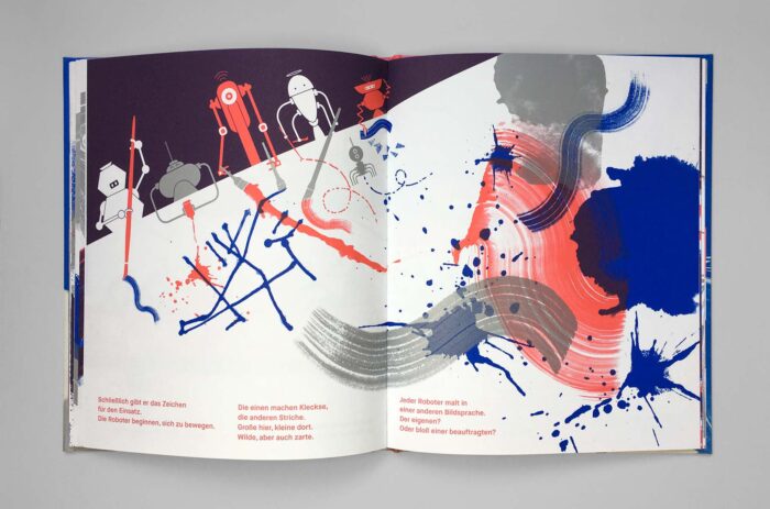 Book with abstract, colorful strokes and lines across two pages.