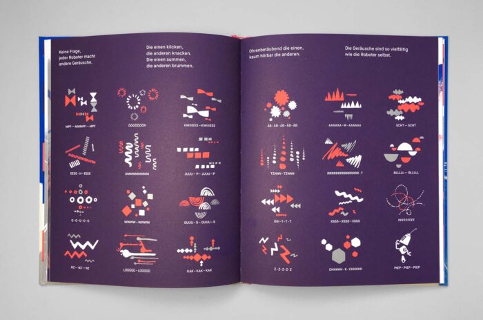Two-page book spread with various abstract symbols and patterns in red, white, and black on a dark blue background, intended to represent different sounds, accompanied by short texts in German.
