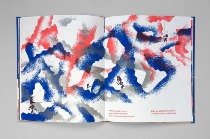 Abstract drawing in red, blue, and gray depicting a cave with several small, stylized robotic beings.