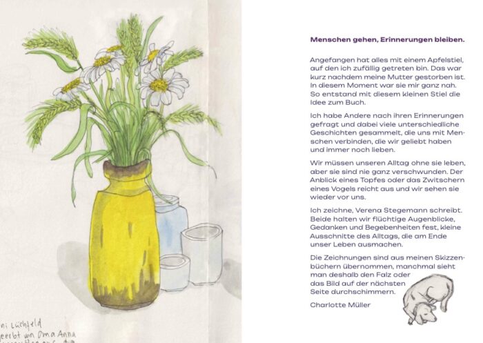 Drawing of a yellow vase with white flowers and three transparent glasses next to it, as well as a small sketched dog in the bottom right next to a text block titled 'People leave, memories stay'.