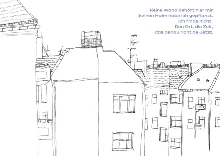 Black and white line drawing of house facades with windows and antennas, as well as text in the top right.