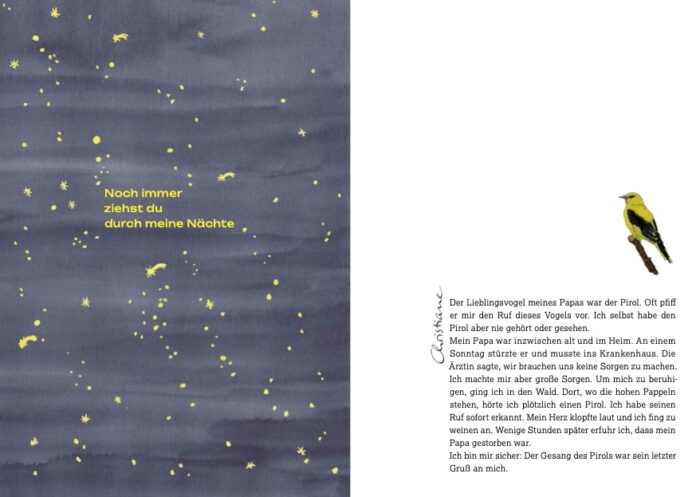 Left, a drawing of a starry sky with yellow text 'Noch immer ziehst du durch meine Nächte', right on a white background, a yellow bird and below it, multi-line body text in black font.