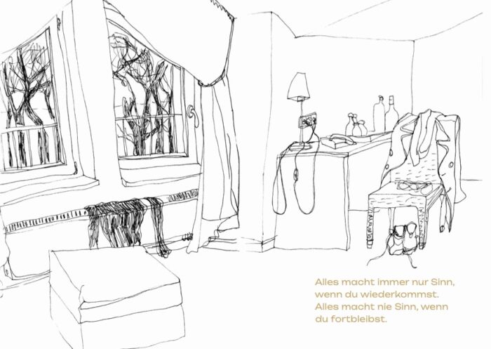 Black and white line drawing of a room with two windows, a table with a lamp and bottles, a chair with a jacket, and a stool.