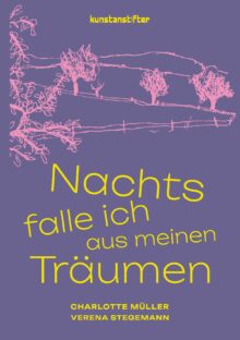 Text with a title on a purple background and a suggested meadow landscape with pink outlines