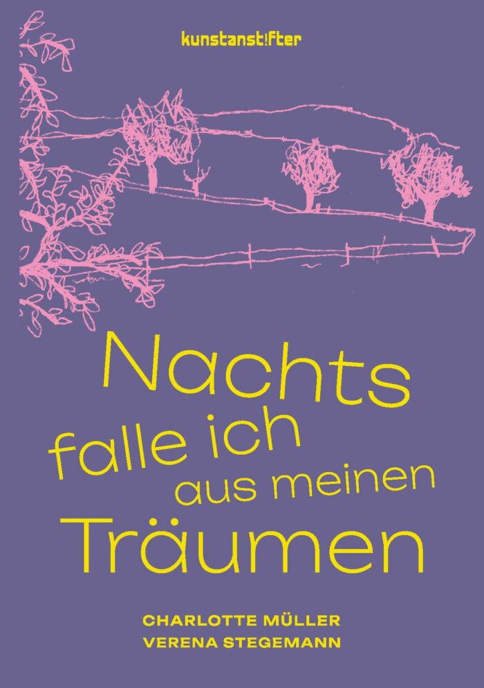 Text with a title on a purple background and a suggested meadow landscape with pink outlines