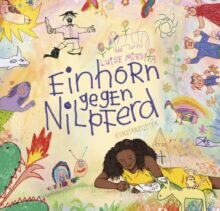 Lettering in the centre: unicorn versus hippo. Children's drawings arranged around it and a child painting.