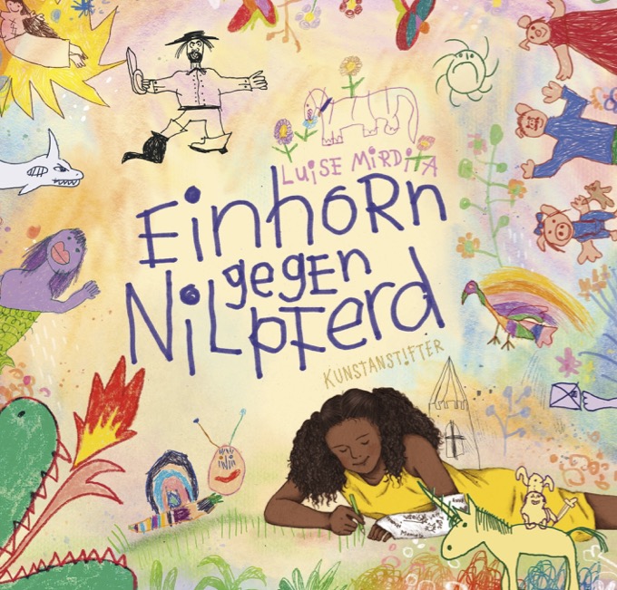 Lettering in the centre: unicorn versus hippo. Children's drawings arranged around it and a child painting.