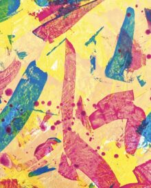 Abstract drawing in yellow, blue and red